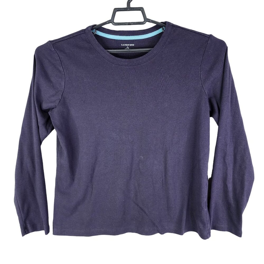 Womens Navy Lands End Shirt Long Sleeve Round Neck 100% Baum Wolle Size L 14-16